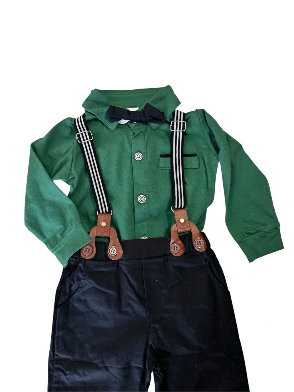 Kids Green Button-Down Shirt with Black Pants & Suspenders Set